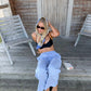 Judith is 160 cm tall and wears size XS. | light blue